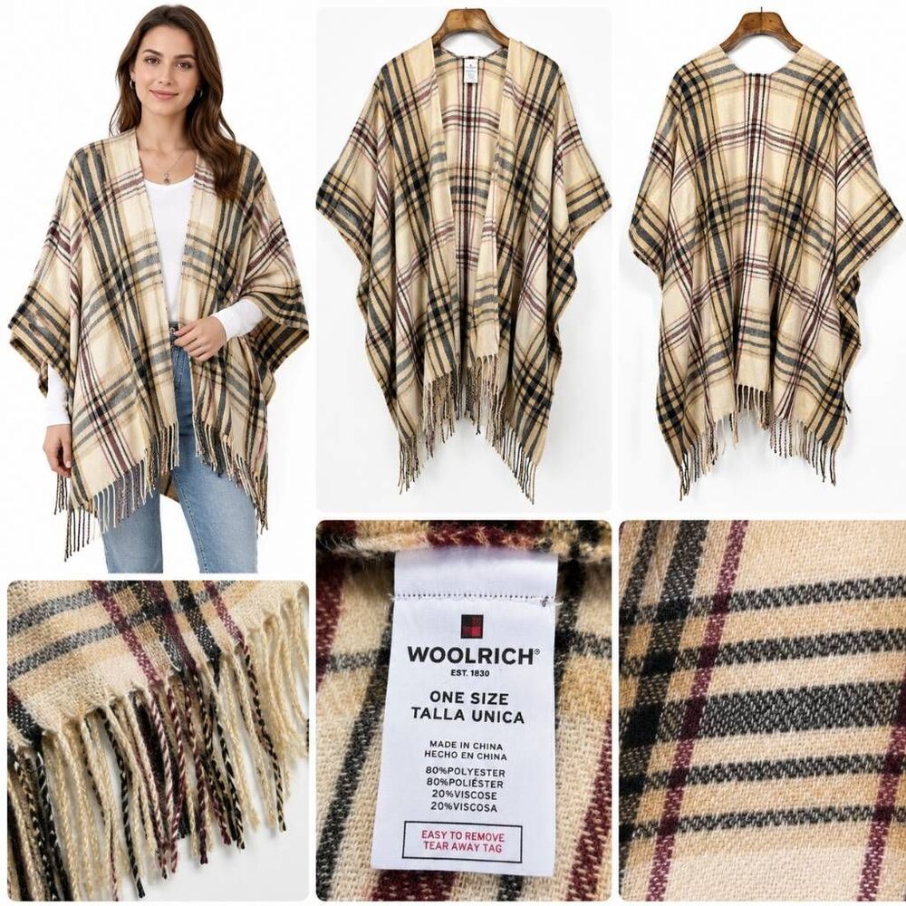 Woolrich Plaid Fringe Ruana Poncho Wrap One Size
